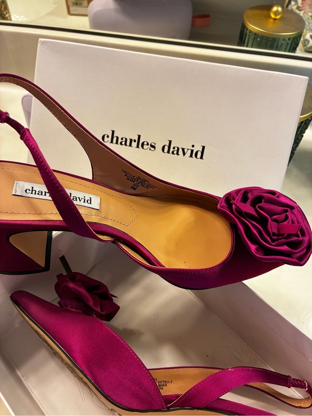Charles David Magenta Satin Slingback Heels with Rosette